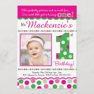 Preppy Rosa & Grönt Polka Dot First Birthday Inbjudningar