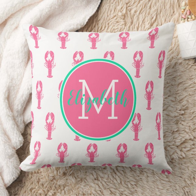 Preppy rosa humrar på vit monogram kudde (Filt)