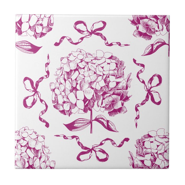 Preppy Rosa Hydrangea Bow Seamless Toile Mönster Kakelplatta (Framsidan)