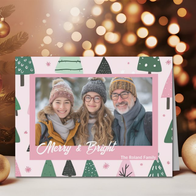 Preppy Rosa Julgran Helgdag Photo Helgkort (Pink and Green Christmas Tree Folded Holiday Photo)
