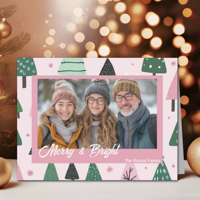 Preppy Rosa Julgran Helgdag Photo Helgkort (Pink and Green Preppy Christmas Tree Holiday Photo)