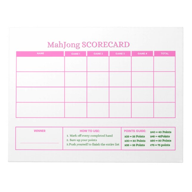 Preppy Rosa Mahjong-poängkort Tracker Anteckningsblock (Framsida)