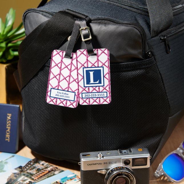 Preppy Rosa Navy Trellis Bamboo Mönster Monogram Bagagebricka (Fram & Baksida)