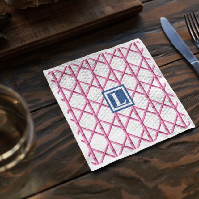 Preppy Rosa Navy Trellis Bamboo Mönster Monogram Pappersservett (Skapare uppladdad)
