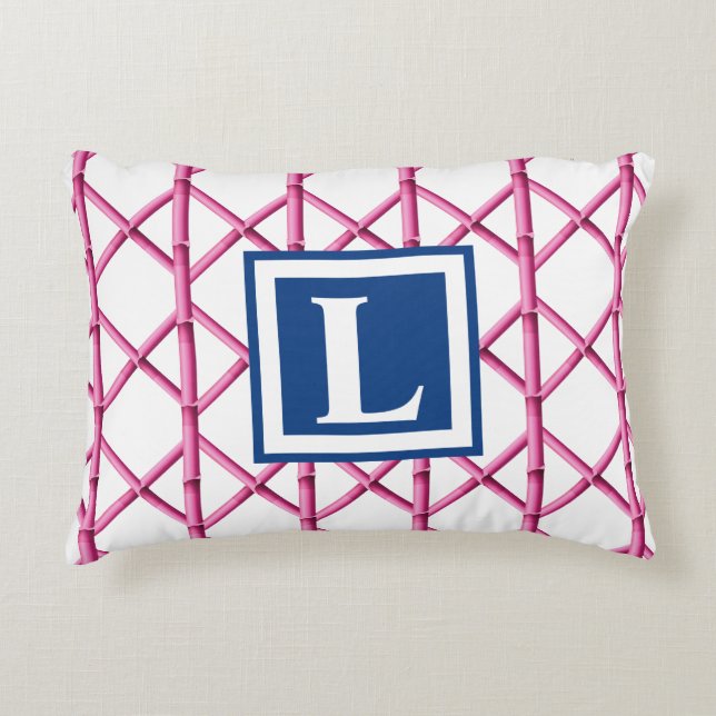 Preppy Rosa Navy Trellis Bamboo Mönster Monogram Prydnadskudde (Framsidan)
