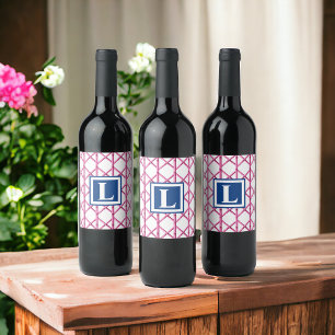 Preppy Rosa Navy Trellis Bamboo Mönster Monogram Vinflaska Etikett