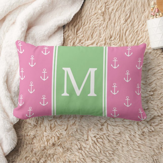 Preppy Rosa och Grön Med Vita Ankare Monogram Lumbarkudde (Filt)