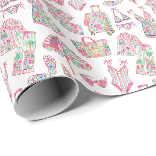 Preppy Rosa och Grön Palm Beach Chic Stil Presentpapper (Rullad Hörn)