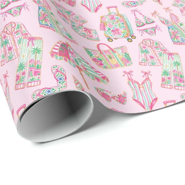 Preppy Rosa och Grön Palm Beach Chic Stil Presentpapper (Rullad Hörn)