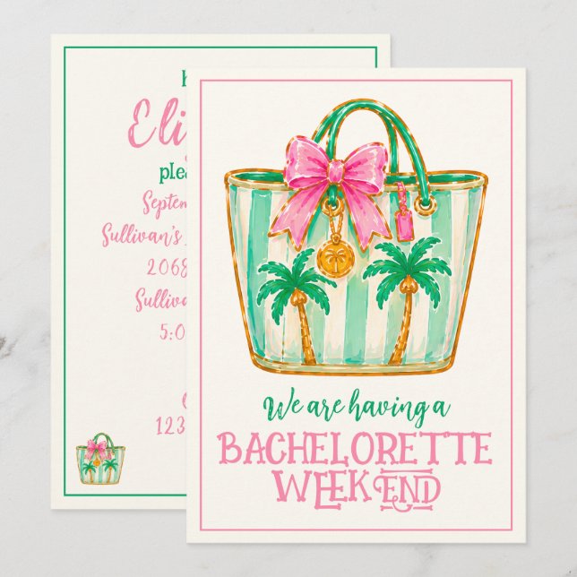 Preppy Rosa och Grön Palm Beach Handväskor Inbjudningar (Fram/baksida)
