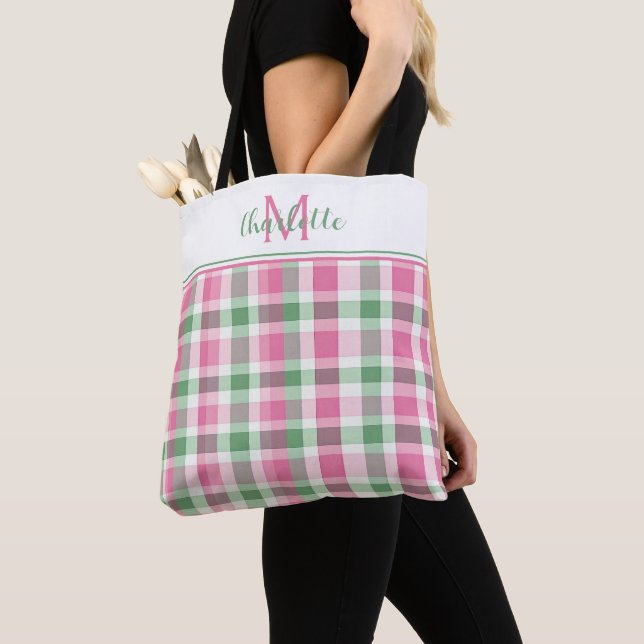 Preppy Rosa och Grön Rutig Monogram Tygkasse (Närbild)