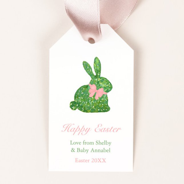 Preppy Rosa och Grön Topiary Kanin Påskfest Presentetikett (Preppy boxwood bunny with pink bow Easter gift tags or baby shower favor tags)
