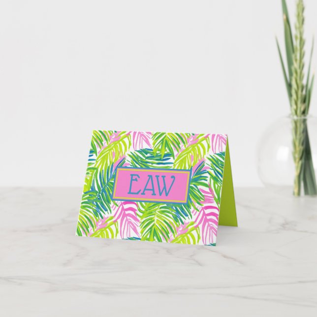 Preppy Rosa och Gröna Palmblad Monogram Anteckningskort (Framsida)