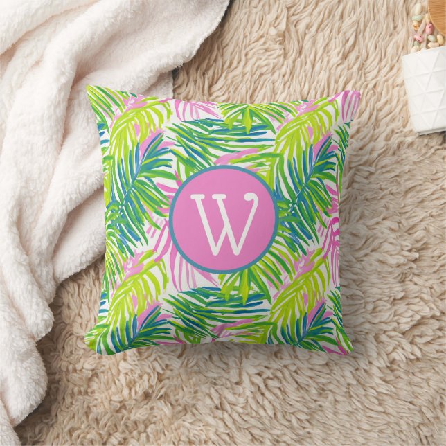 Preppy Rosa och Gröna Palmblad Monogram Kudde (Filt)