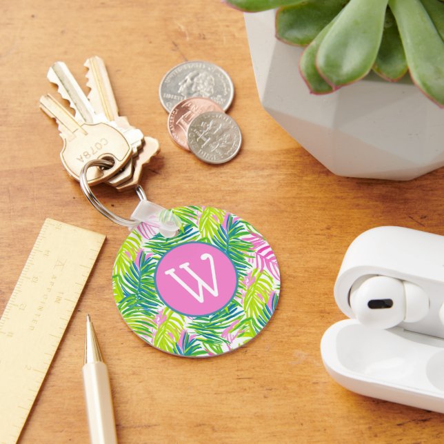 Preppy Rosa och Gröna Palmblad Monogram Nyckelring (Skrivbord)