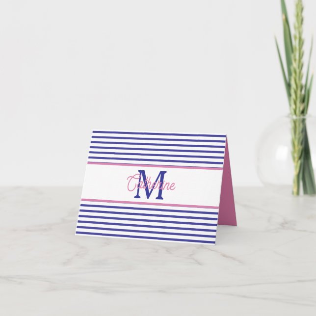Preppy Rosa och Marinblå Randig Enkel Monogram Anteckningskort (Framsida)