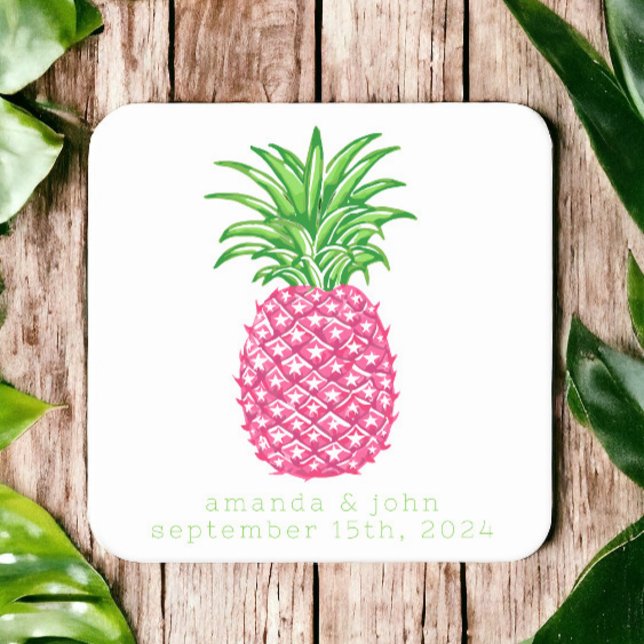 Preppy Rosa Pineapple Stars Personlig Bröllop Underlägg Papper Kvadrat (Skapare uppladdad)