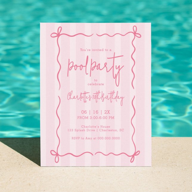 Preppy Rosa Ränder Pool Födelsedagsinbjudan Tjej Inbjudningar (Skapare uppladdad)