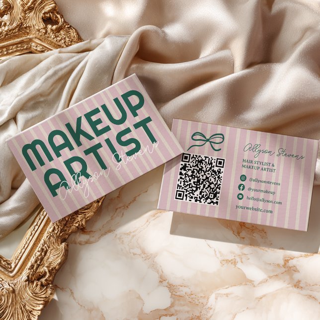 Preppy Rosa Randig Grön Makeup Artist QR-kod Visitkort (Preppy Pink Stripe Green Makeup Artist QR Code Business Card)