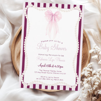 Preppy rosa rosett pärlor grandmillenial baby show inbjudningar