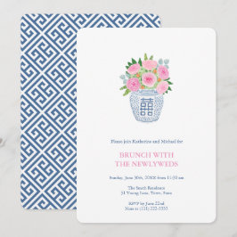 Preppy Rosa Rosor Navy Gingerkruka Nyförlovade Bru Inbjudningar