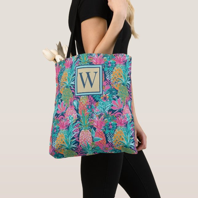 Preppy Rosa Teal Marinblå Ananas Monogram Tygkasse (Närbild)