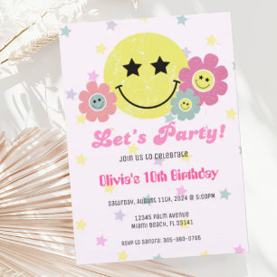 Preppy Rosa Y2K Retro Lycklig Party Ansikte Birthd Inbjudningar