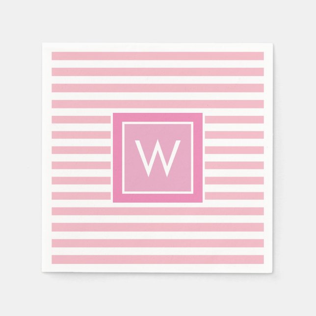 Preppy rosablommig rosa och vit randig monogram pappersservett (Framsidan)