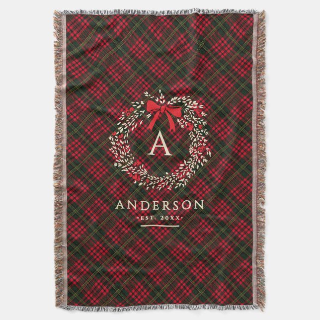 Preppy-rutig julkrans med monogram och namn filt (Framsidan Vertikal)