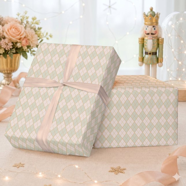 Preppy Rutmönster Persika Mint Jul Högtid  Presentpapper (Preppy Argyle Peach Mint Christmas Holiday Wrapping Paper)