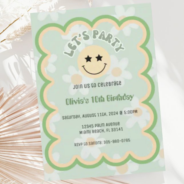 Preppy Sage Grönt Y2K Lycklig Ansikte Party födels Inbjudningar (Skapare uppladdad)