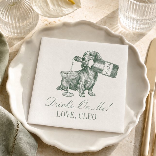 Preppy Sagegrön Dachshund Champagne Bröllop Pappersservett (Preppy Sage Green Dachshund Champagne Wedding Napkins)