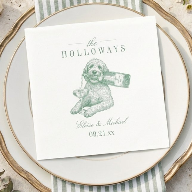 Preppy Sagogrön Golden Doodle Champagne Bröllop Pappersservett (Preppy Sage Green Golden Doodle Champagne Wedding Napkins)
