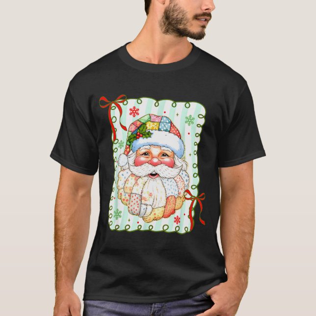 Preppy Santa Claus Christmas Patchwork Santa Xmas  T Shirt (Framsida)
