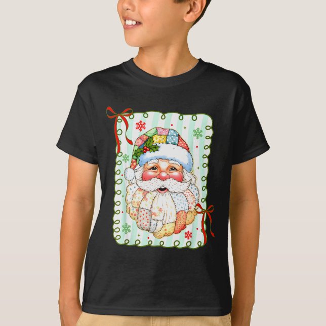 Preppy Santa Claus Christmas Patchwork Santa Xmas  T Shirt (Framsida)