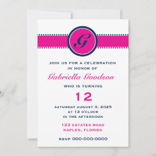 Preppy Shock rosa & Navy Blue Monogram Inbjudningar