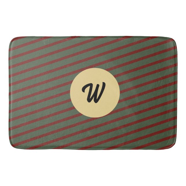 Preppy skoggrön och burgunderrandig monogram badrumsmatta (Framsidan)