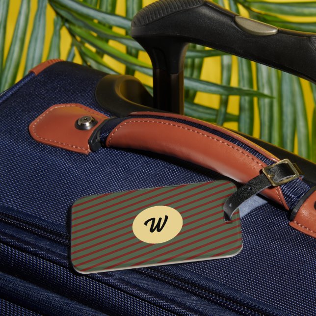 Preppy skoggrön och burgunderrandig monogram bagagebricka (Framsida Insitu 3)