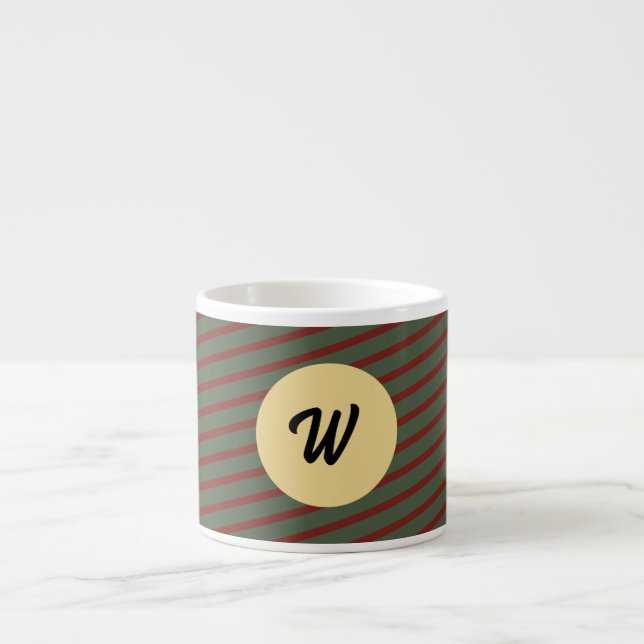 Preppy skoggrön och burgunderrandig monogram espressomugg (Framsidan)