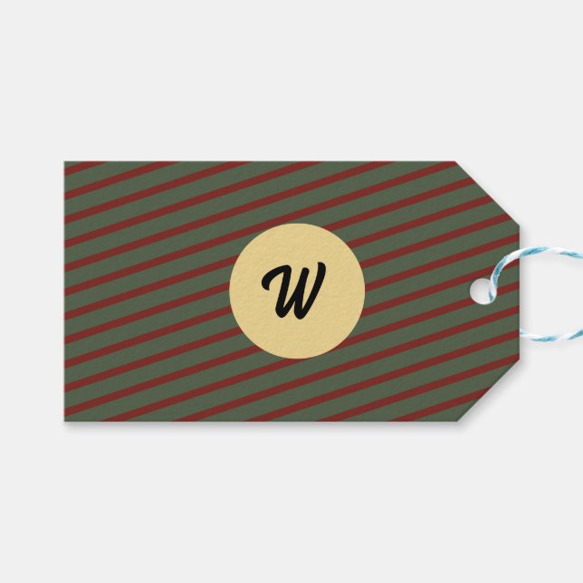 Preppy skoggrön och burgunderrandig monogram presentetikett (Framsidan (Horisontell))