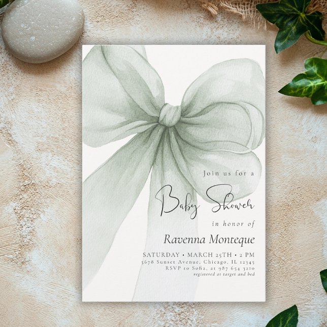 Preppy Soft Green Bow Coquette Clean Baby Shower Inbjudningar (Skapare uppladdad)