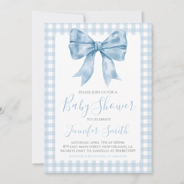 Preppy Southern Blue Bow Boy Shower Inbjudningar (Framsida)