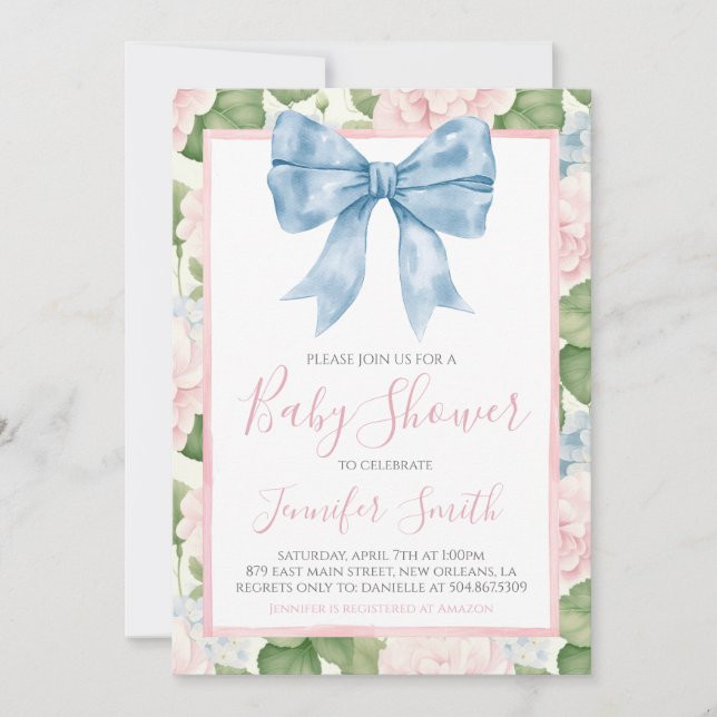 Preppy Southern Blue Bow Girl Baby Shower Inbjudningar (Framsida)
