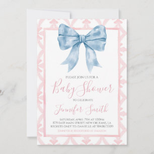 Preppy Southern Blue Bow Girl Baby Shower Inbjudningar