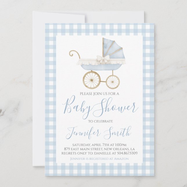 Preppy Southern Blue Boy Carriage Baby Shower Inbjudningar (Framsida)