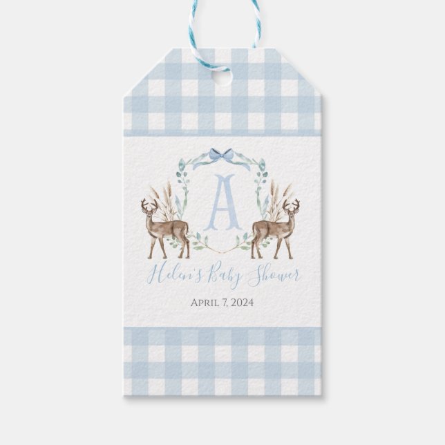 Preppy Southern Blue Boy Hjort Baby Shower Presentetikett (Framsidan)