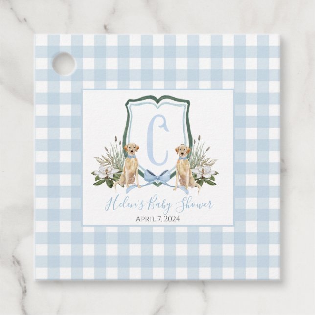 Preppy Southern Blue Boy Hund Baby Shower Gåvor Etiketter (Framsida)