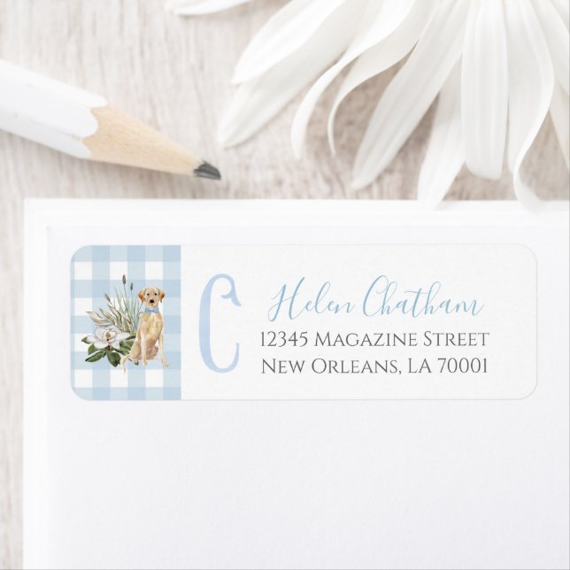 Preppy Southern Blue Boy Hund Baby Shower Returadress Etikett (Insitu)