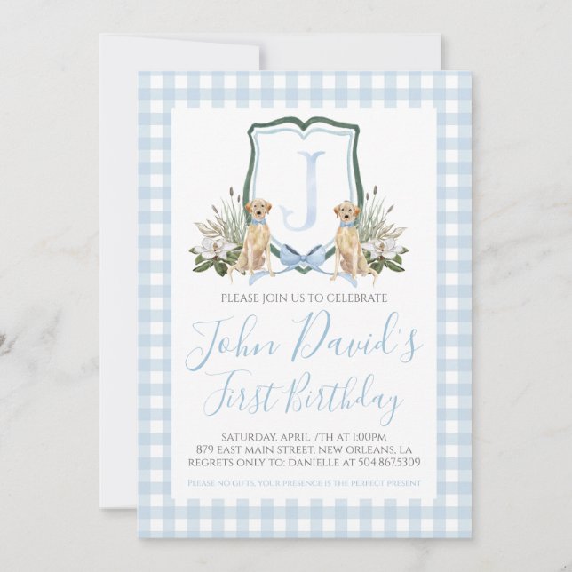 Preppy Southern Blue Boy Hund första födelsedagen Inbjudningar (Framsida)
