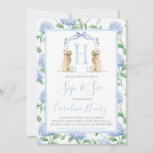 Preppy Southern Blue Boy Hund Sip & See Inbjudningar (Framsida)